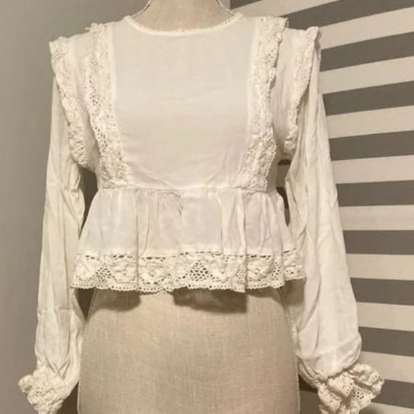 Tops - White Crochet Lace Balloon Sleeve Boho Crop Blouse Size Small